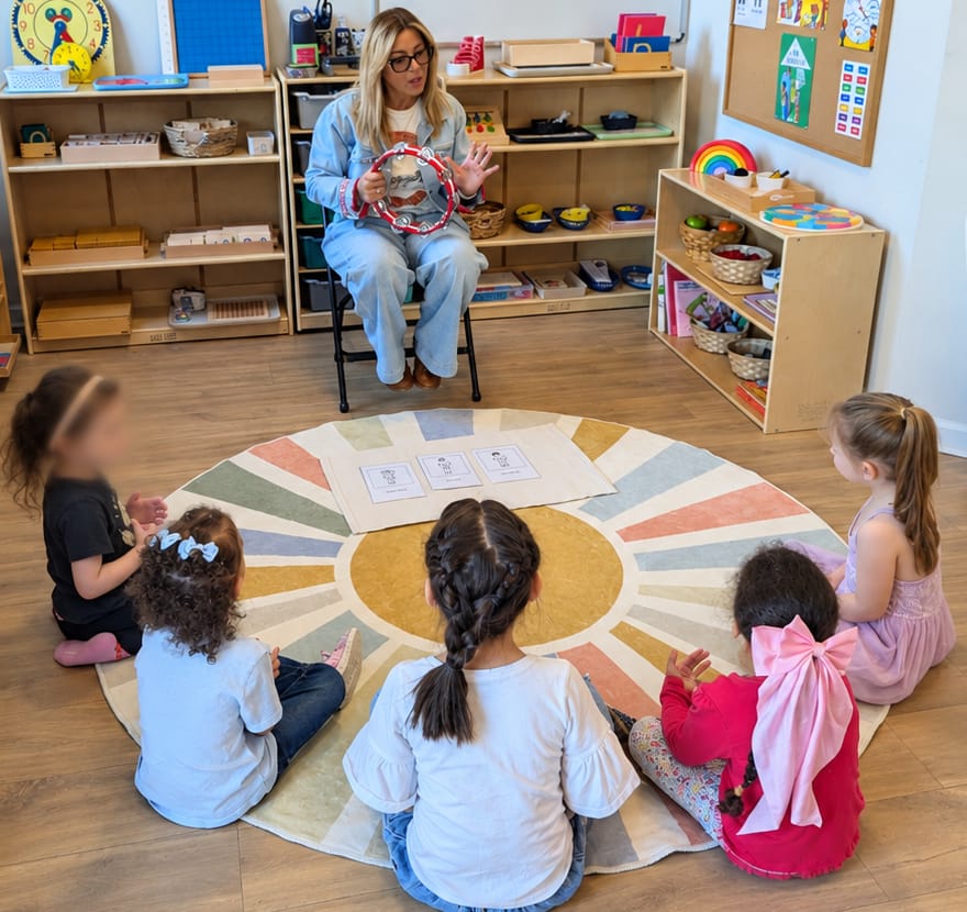 Children seated in a circle as their teacher leads a music lesson with a tambourine